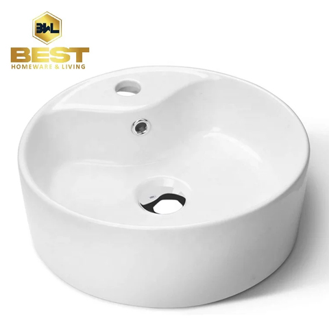 Countertop Or Wall Hung White Gloss Round Ceramic Basin With Tap Hole and Overflow 465X465X155 mm