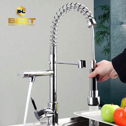 Multi-function Tall spring 360 Swivel Chrome finished solid brass pull out Kitchen sink mixer tap