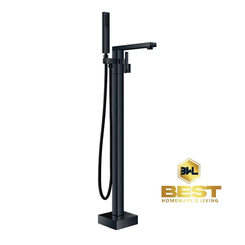 Rectangular long solid brass black finished floor mounted bath mixer with hand shower